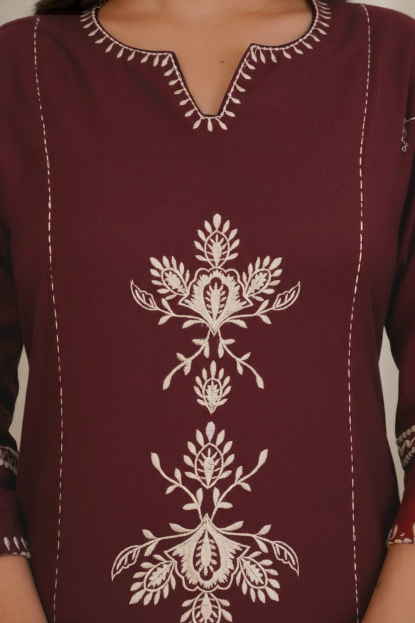 Wine Maroon Cotton Kurta and Pant Set with White Floral Embroidered