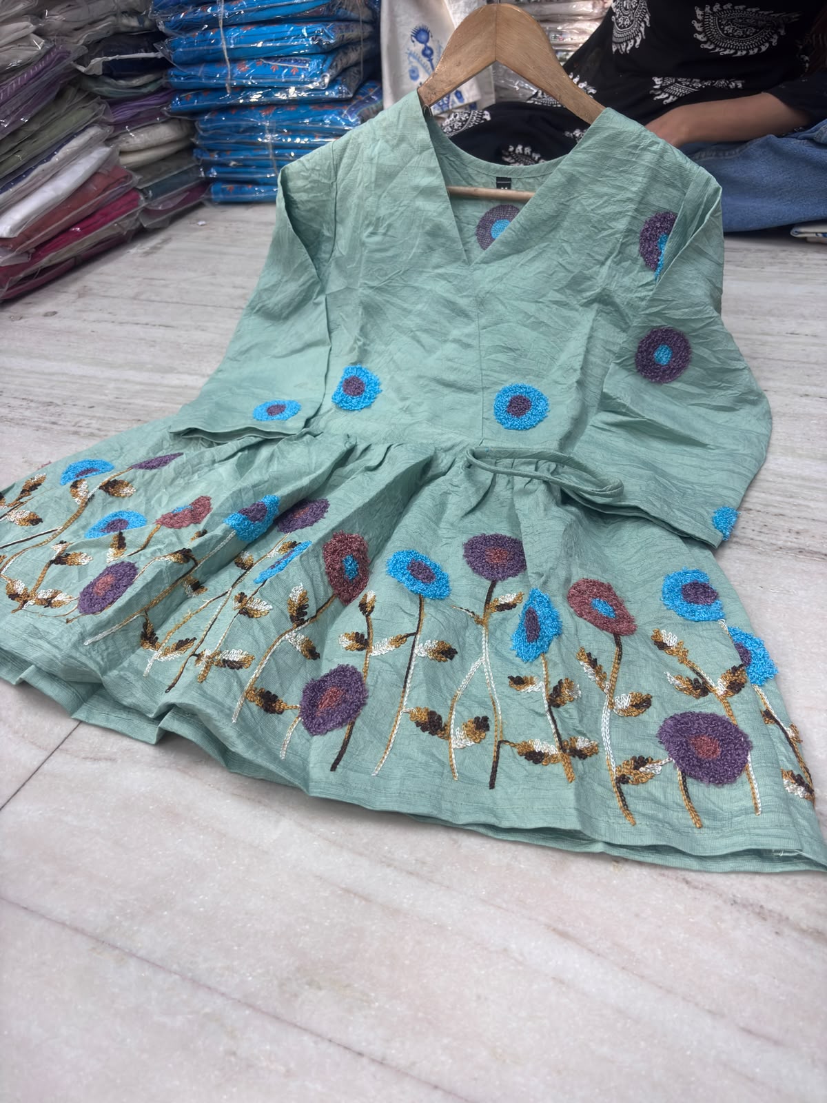 Mint Green Multicolor Floral Embroidered Short Kurta