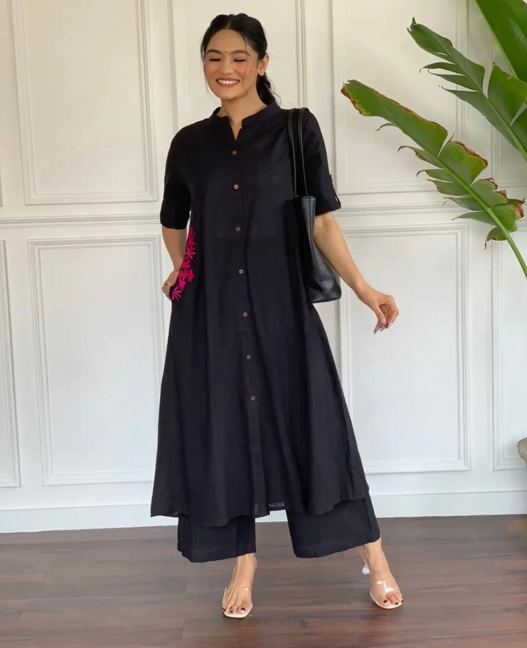 Black Button-Down Pocket Embroidered Kurta Palazzo Set