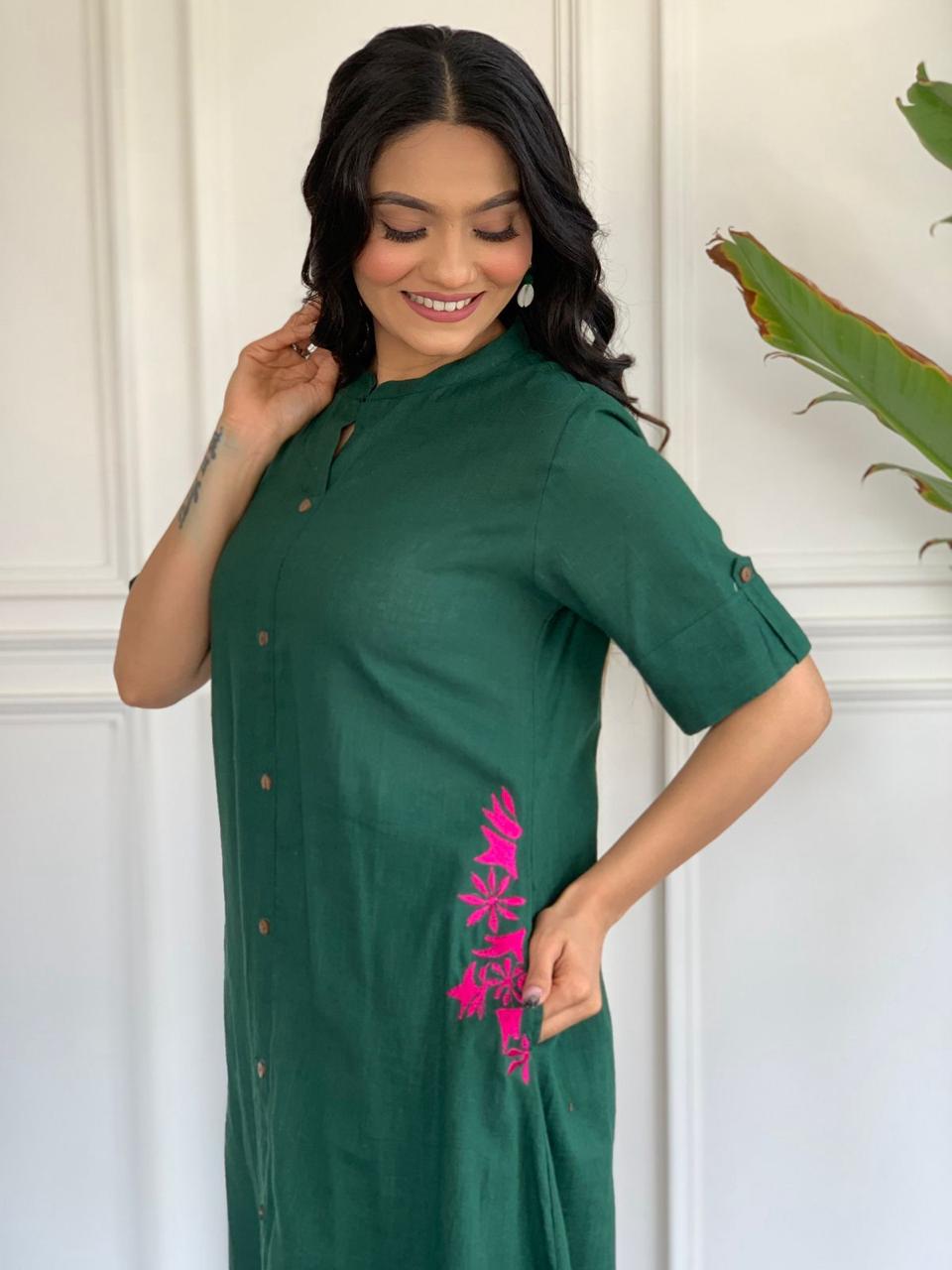 Green Button-Down Pocket Embroidered Kurta Palazzo Set
