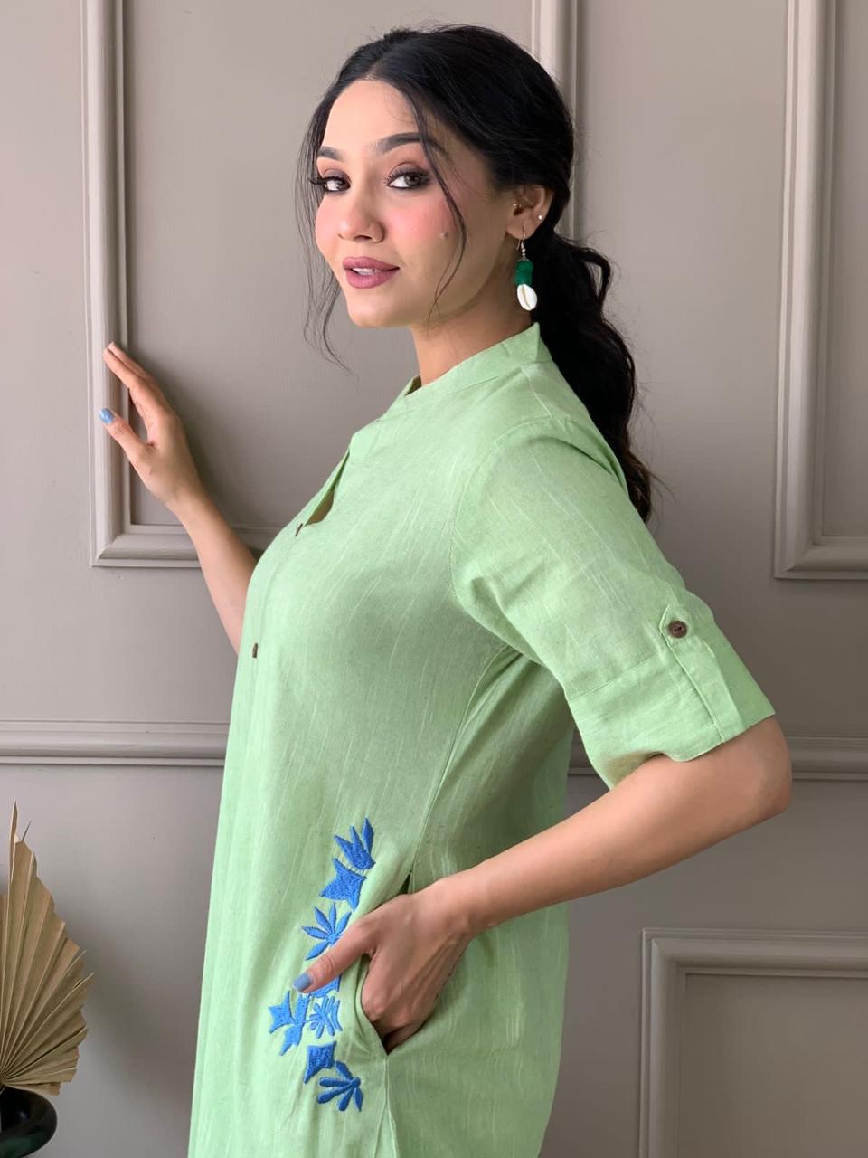 Mint Green Button-Down Pocket Embroidered Kurta Palazzo Set