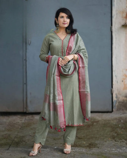 Sage Green Embroidered Kurta Pant Set with Dupatta