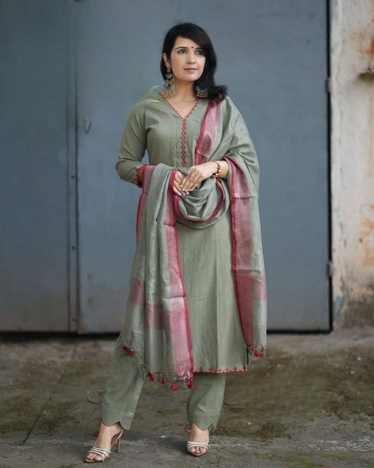 Sage Green Embroidered Kurta Pant Set with Dupatta
