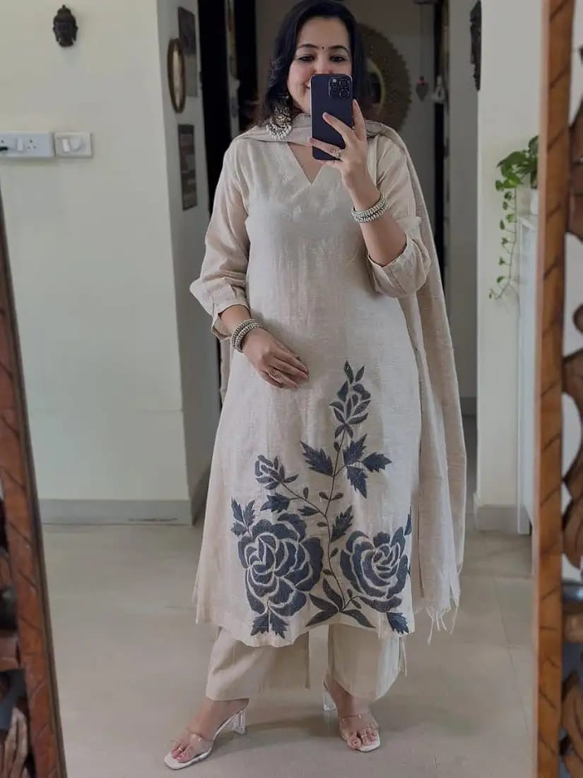 Beige Floral Printed Kurta Pant Set