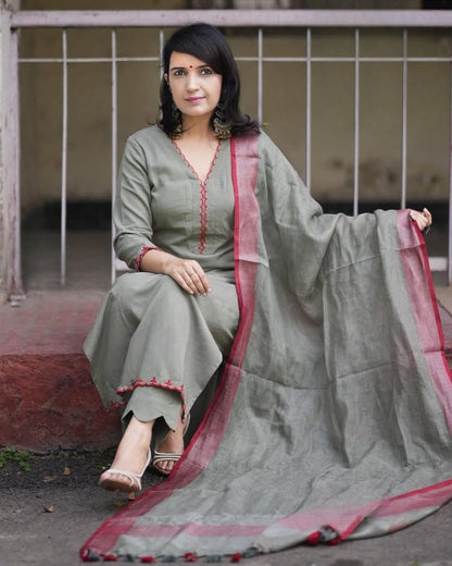 Sage Green Embroidered Kurta Pant Set with Dupatta