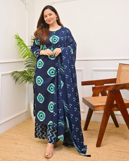 Navy Blue Printed Kurta Set with Dupatta for Women