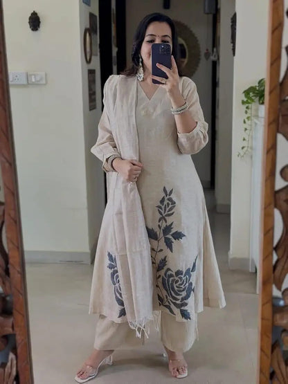 Beige Floral Printed Kurta Pant Set