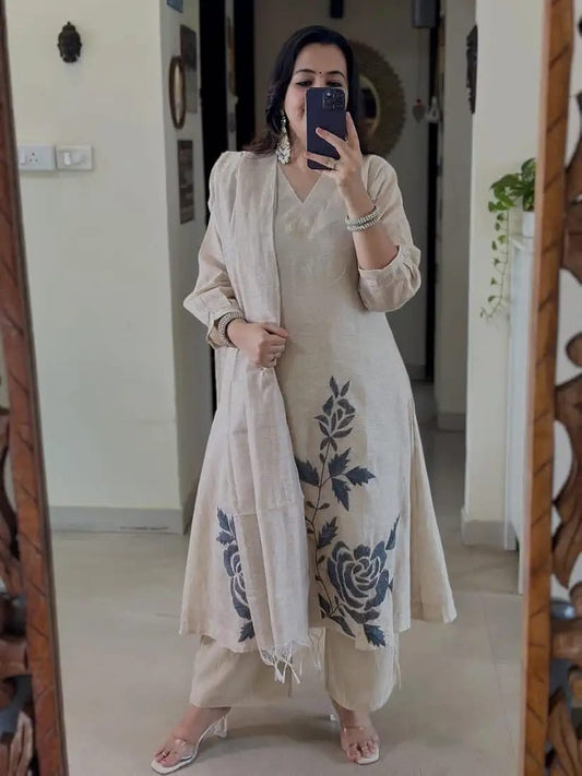 Beige Floral Printed Kurta Pant Set