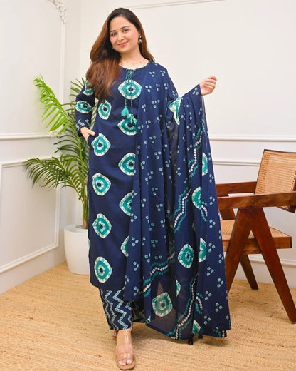 Navy Blue Printed Kurta Set with Dupatta for Women