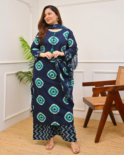 Navy Blue Printed Kurta Set with Dupatta for Women
