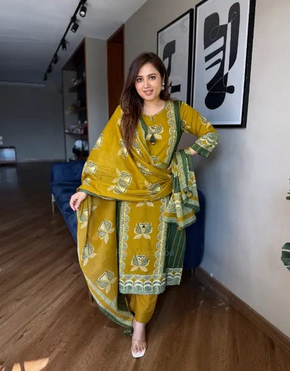 Mustard Yellow Printed Kurta Set with Dupatta