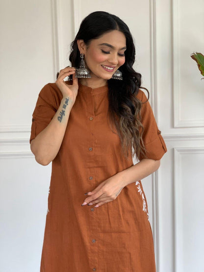 Rust Orange Embroidered Kurta Palazzo Set