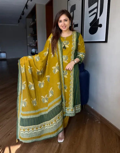 Mustard Yellow Printed Kurta Set with Dupatta