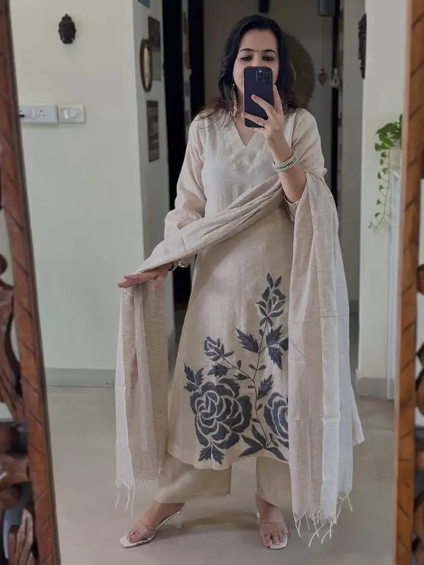 Beige Floral Printed Kurta Pant Set