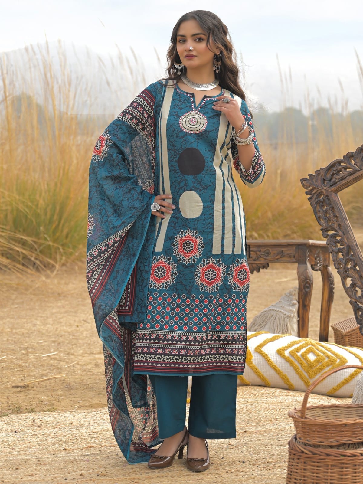 Teal Blue Printed Kurta Palazzo Set with Dupatta