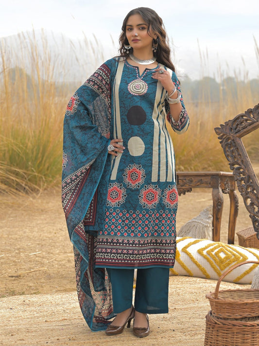 Teal Blue Printed Kurta Palazzo Set with Dupatta
