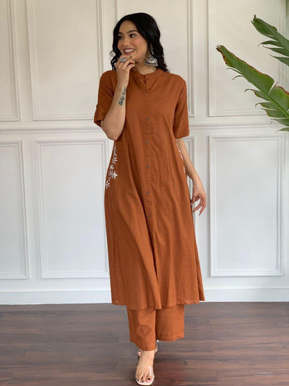 Rust Orange Embroidered Kurta Palazzo Set