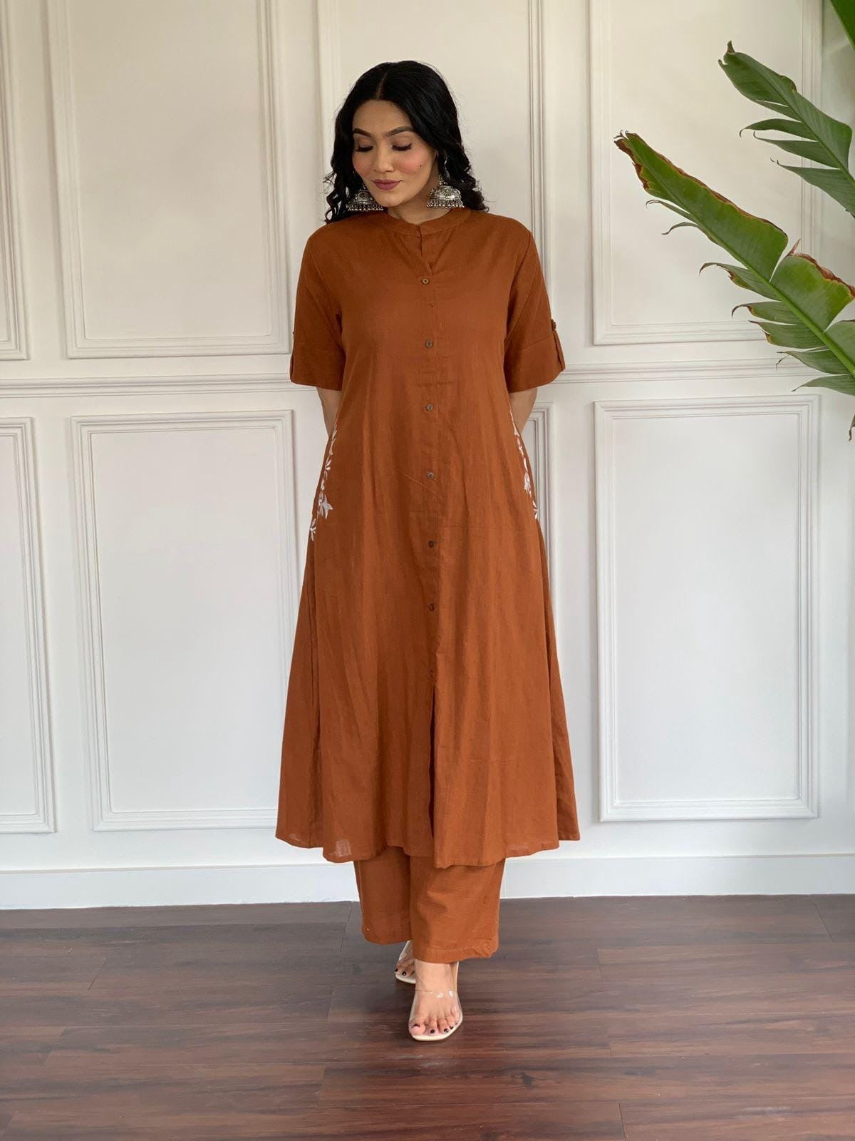 Rust Orange Embroidered Kurta Palazzo Set