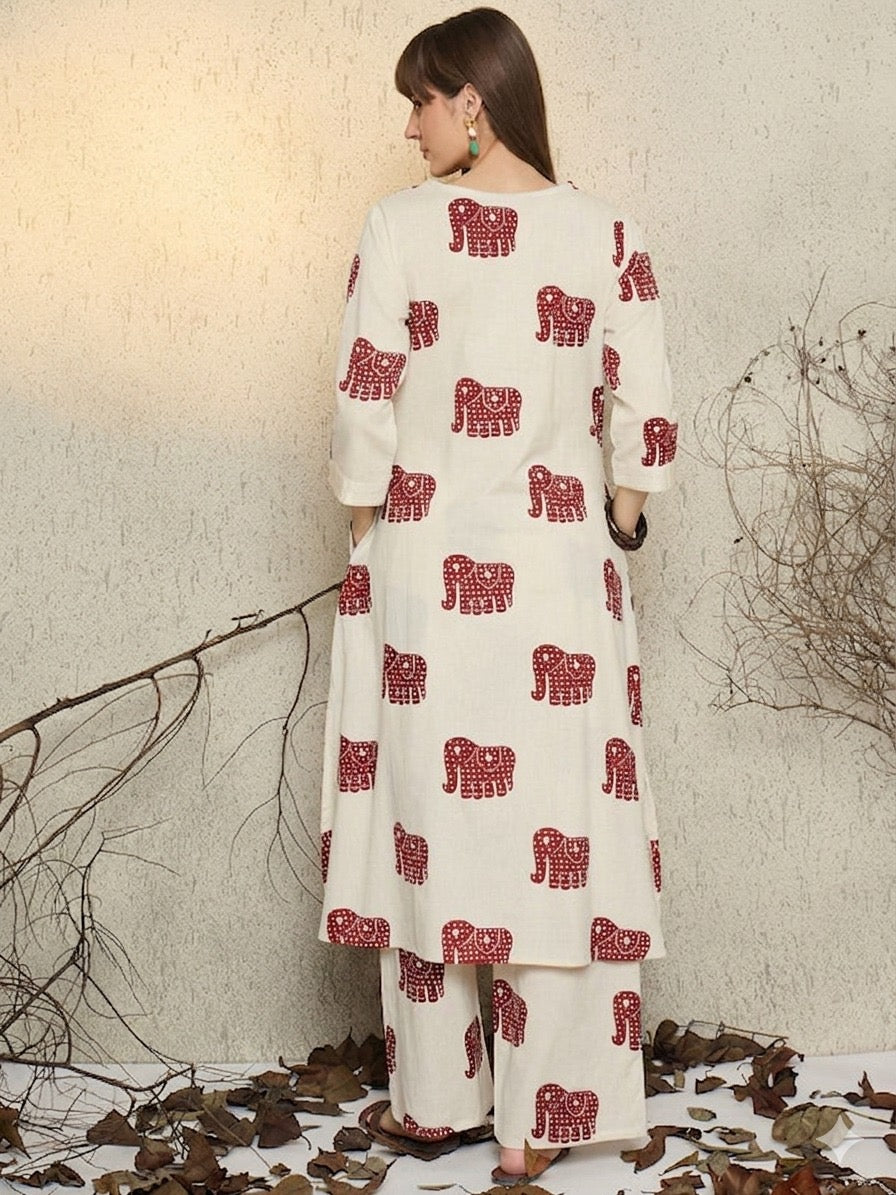 Ivory Elephant Print Kurta Palazzo Set