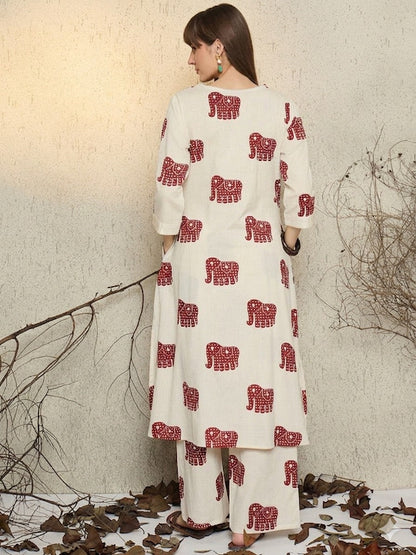 Ivory Elephant Print Kurta Palazzo Set