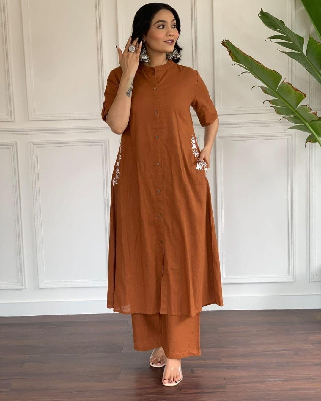 Rust Orange Embroidered Kurta Palazzo Set