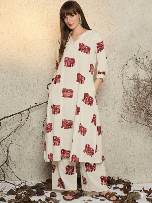 Ivory Elephant Print Kurta Palazzo Set