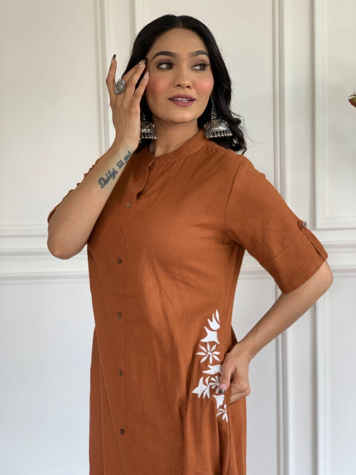 Rust Orange Embroidered Kurta Palazzo Set