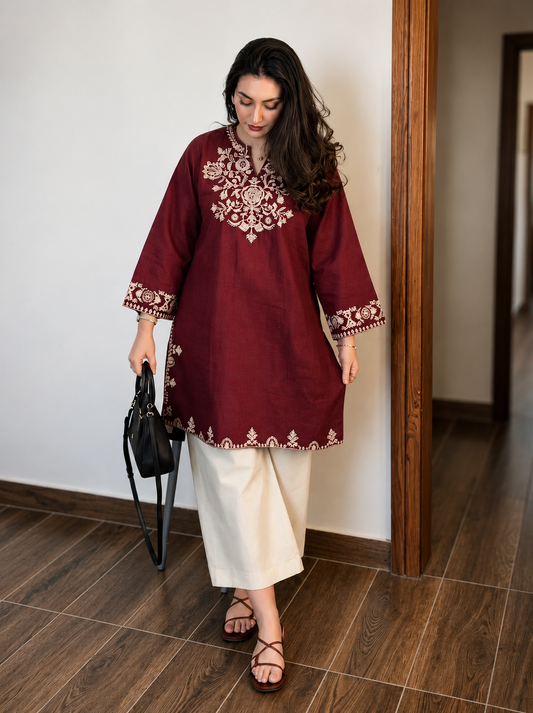 Maroon Embroidered Cotton Kurta Set With Palazzo Pants for Women