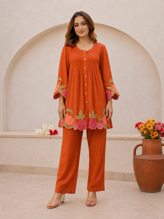 Orange Embroidered Cotton Co-Ord Set With Pants for Women