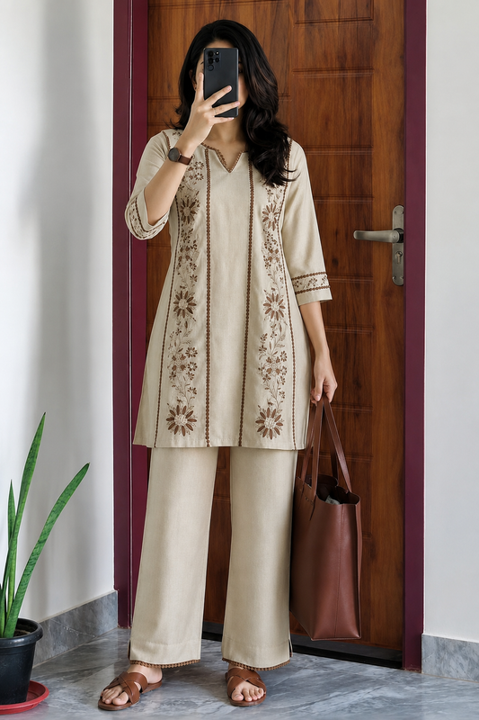 Beige Embroidered Cotton Co-Ord Set With Pants for Women