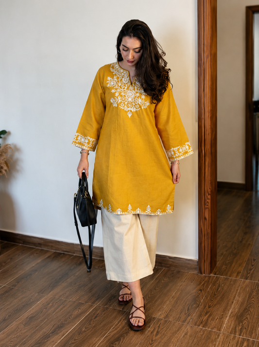 Yellow Cotton Embroidered Kurta Set with Palazzo Pants