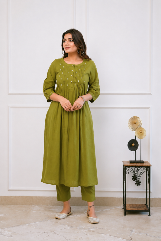 Olive Green Embroidered Cotton Kurta Set With Pants for Women