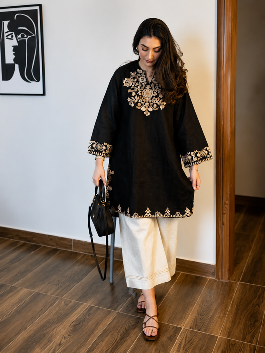 Black Embroidered Cotton Kurta Set With Palazzo Pants for Women