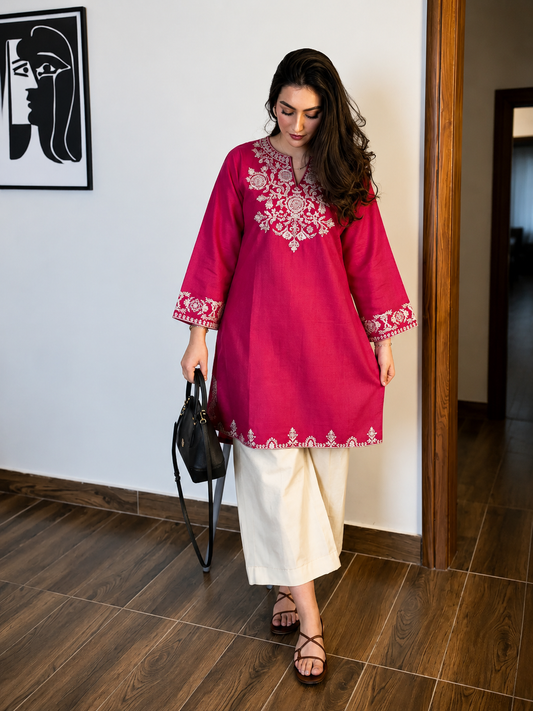 Pink Cotton Embroidered Kurta Set with Palazzo Pants