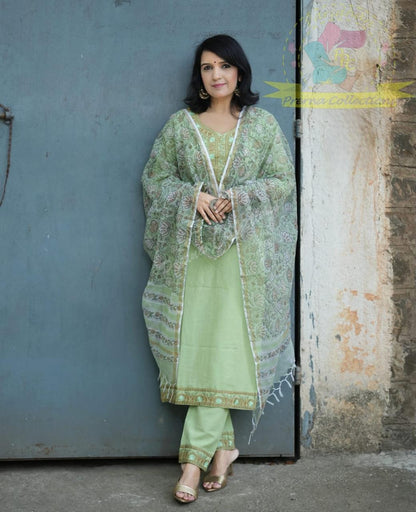 Pista Green Embroidered Kurta Set With Dupatta For Women