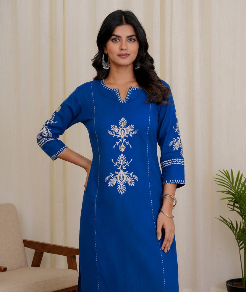 Royal Blue Cotton Kurta and Pant Set with White Floral Embroidered