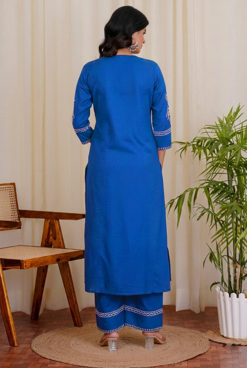 Royal Blue Cotton Kurta and Pant Set with White Floral Embroidered