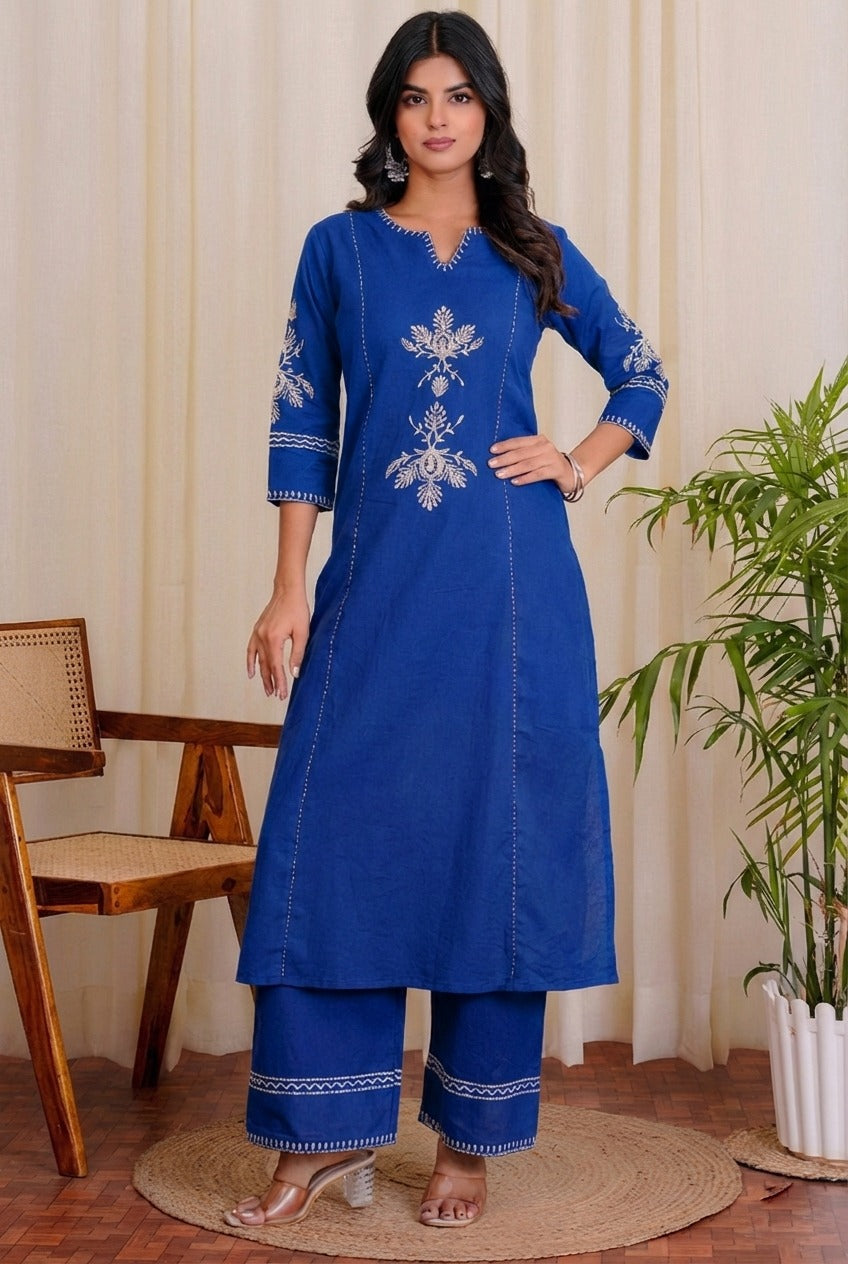 Royal Blue Cotton Kurta and Pant Set with White Floral Embroidered