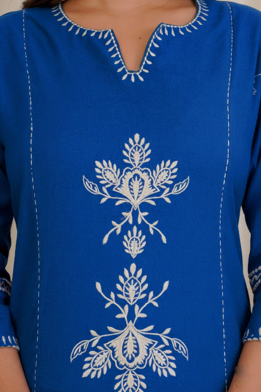 Royal Blue Cotton Kurta and Pant Set with White Floral Embroidered