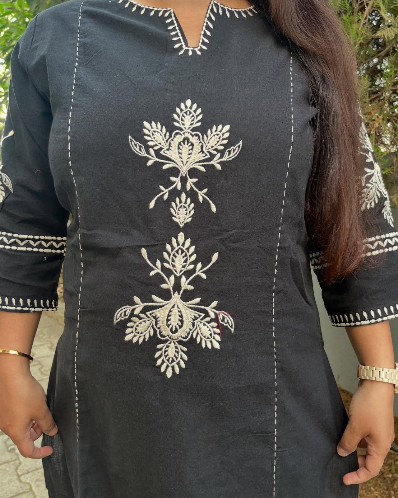 Black Cotton Kurta and Pant Set with White Floral Embroidered