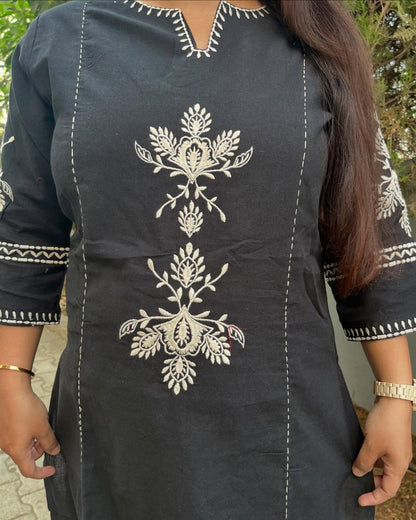 Black Cotton Kurta and Pant Set with White Floral Embroidered