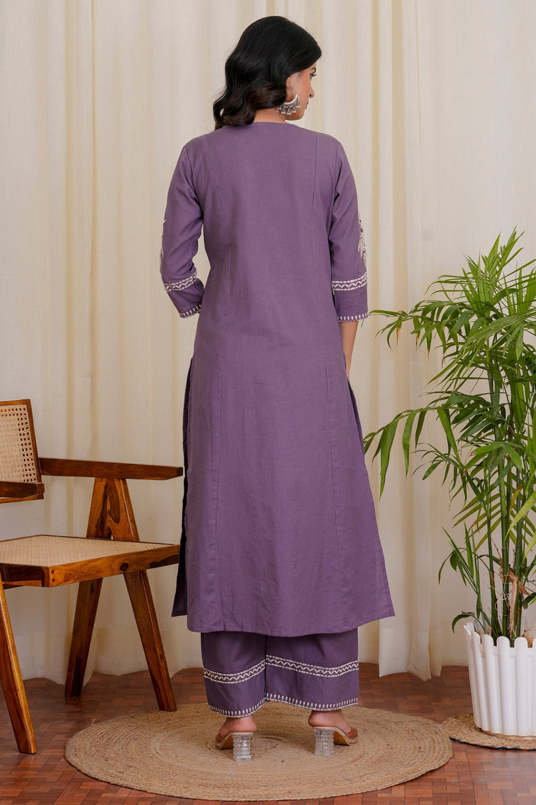 Mauve Purple Cotton Kurta and Pant Set with White Floral Embroidered