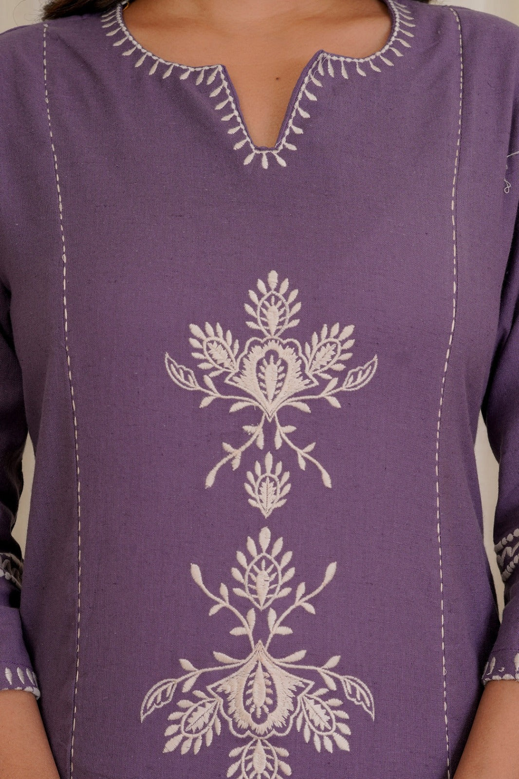 Mauve Purple Cotton Kurta and Pant Set with White Floral Embroidered