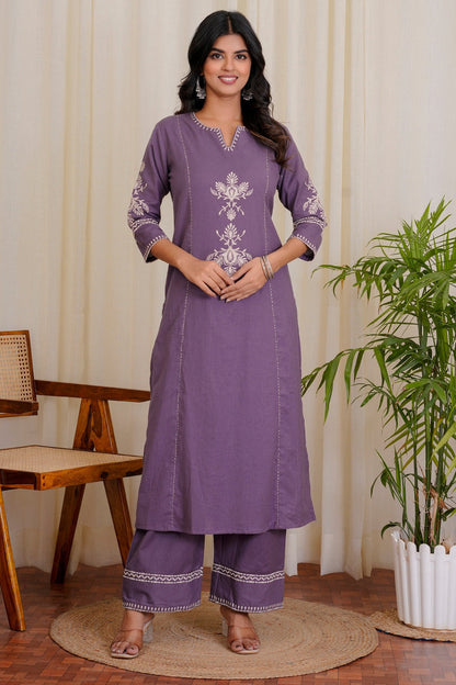 Mauve Purple Cotton Kurta and Pant Set with White Floral Embroidered