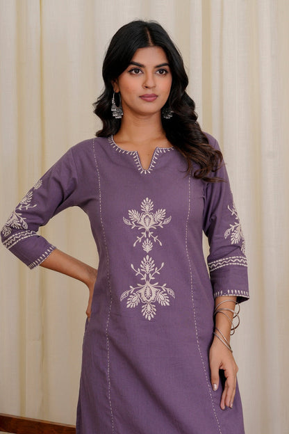Mauve Purple Cotton Kurta and Pant Set with White Floral Embroidered