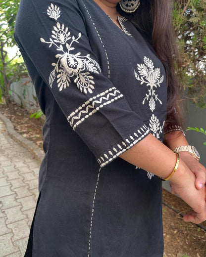 Black Cotton Kurta and Pant Set with White Floral Embroidered