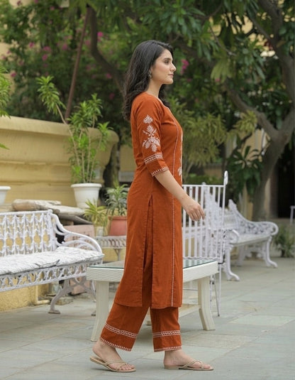 Rust Orange Cotton Kurta and Pant Set with White Floral Embroidered