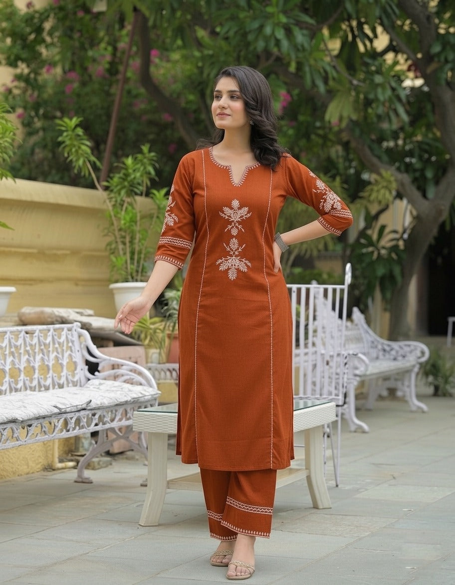 Rust Orange Cotton Kurta and Pant Set with White Floral Embroidered
