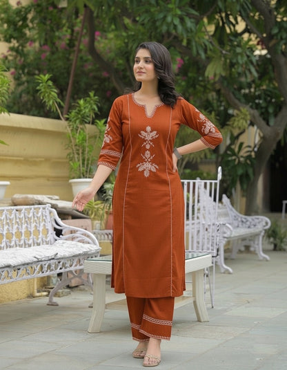 Rust Orange Cotton Kurta and Pant Set with White Floral Embroidered