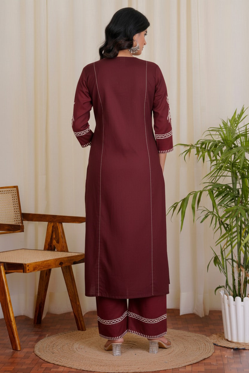 Wine Maroon Cotton Kurta and Pant Set with White Floral Embroidered
